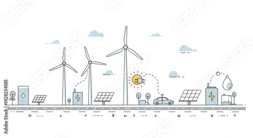 Sustainable energy landscape illustrating a visionary clean future and advanced technology