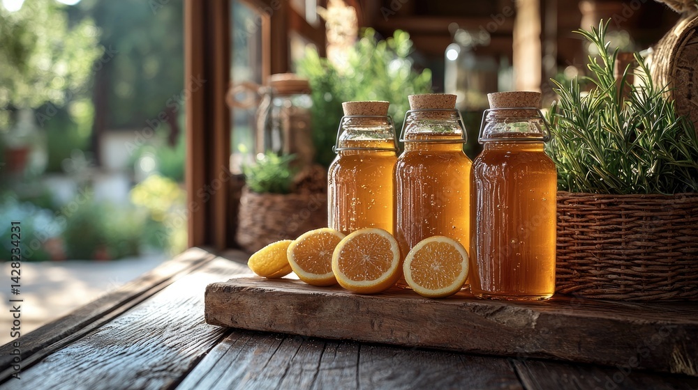 Three glass bottles filled with lemon juice sit on a wooden table, with halved lemons and herbs in the background creating a fresh atmosphere