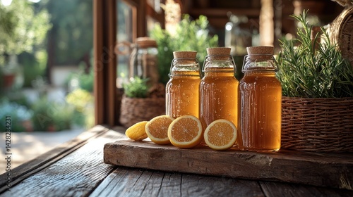 Three glass bottles filled with lemon juice sit on a wooden table, with halved lemons and herbs in the background creating a fresh atmosphere