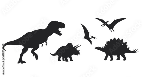 Prehistoric silhouette set featuring iconic dinosaurs in stark black figures