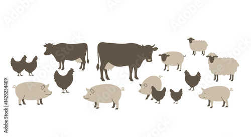 Stylized farm animal silhouettes, a minimalist vector illustration of livestock