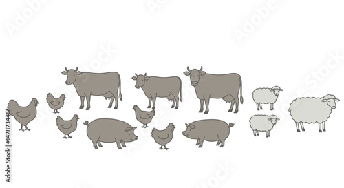 Stylized farm animal illustrations with cows, chickens, pigs, and sheep composition