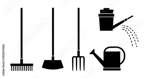 Essential gardening tools silhouette collection on white backdrop minimal style