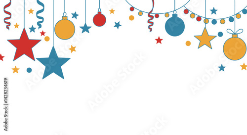 Festive holiday backdrop featuring hanging ornaments, stars, and ribbons, ideal for christmas