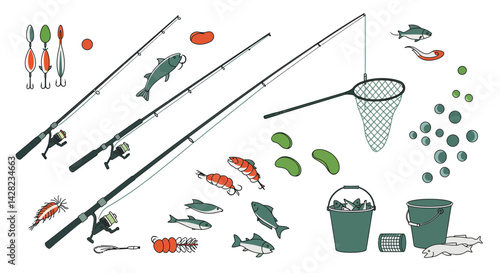 Fishing equipment and accessories scattered on a plain backdrop for angling hobby