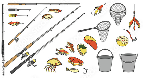 Fishing equipment vector illustration, diverse tackle and gear ready for angling adventures