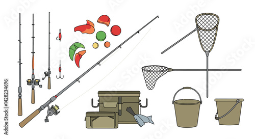 Illustration of angling equipment for outdoor recreation and hobby activities