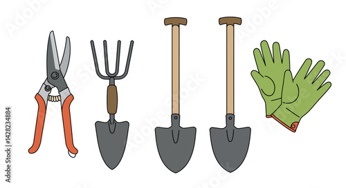 Illustration presenting a collection of gardening equipment on white background