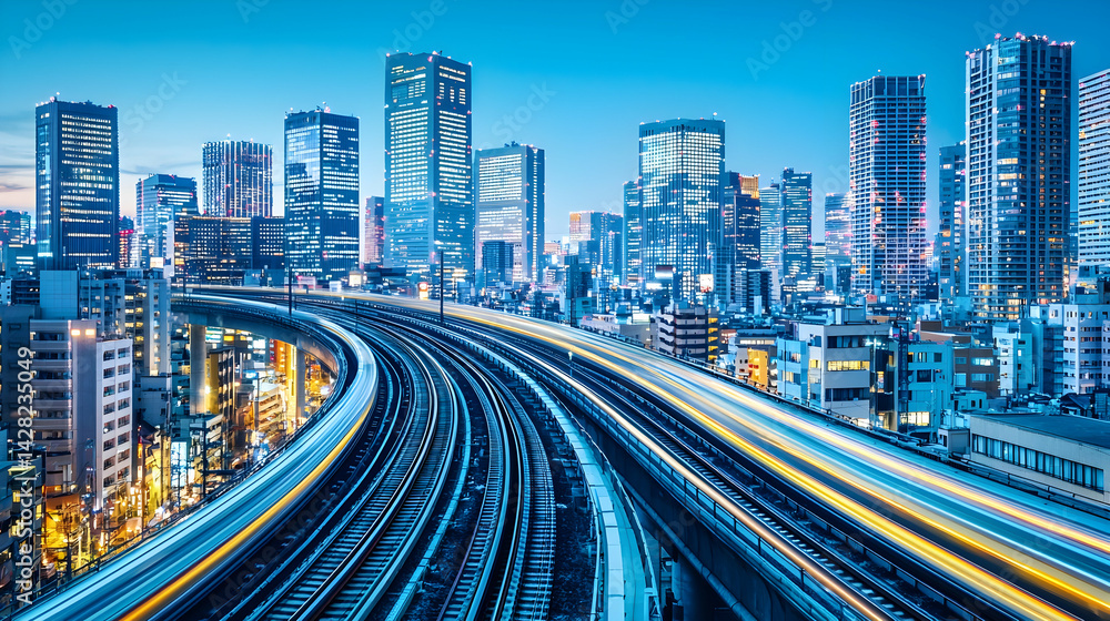 Naklejka premium Cityscape at Night with Urban Skyline and Railway Tracks in Motion