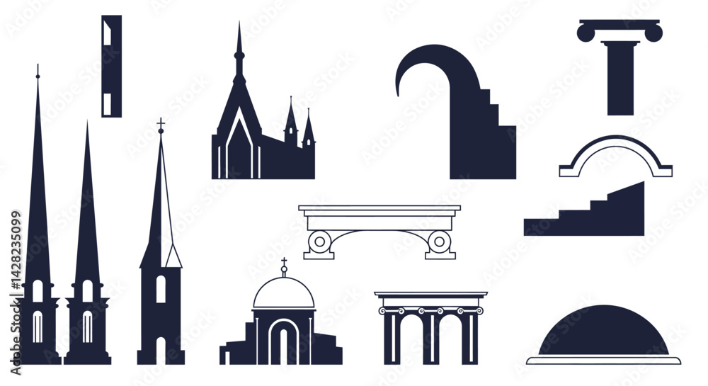 Obraz premium Architectural design elements presenting structures, spires and arches in silhouette style