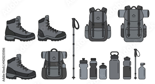 Essentials for outdoor adventures: backpacks, boots, bottles and trekking poles illustration