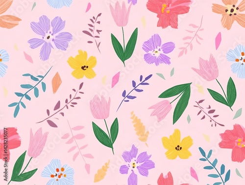 pastel floral pattern with colorful spring flowers on light pink background