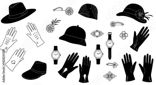 Vintage fashion accessories seamless pattern, hats, gloves and watches in black and white line art