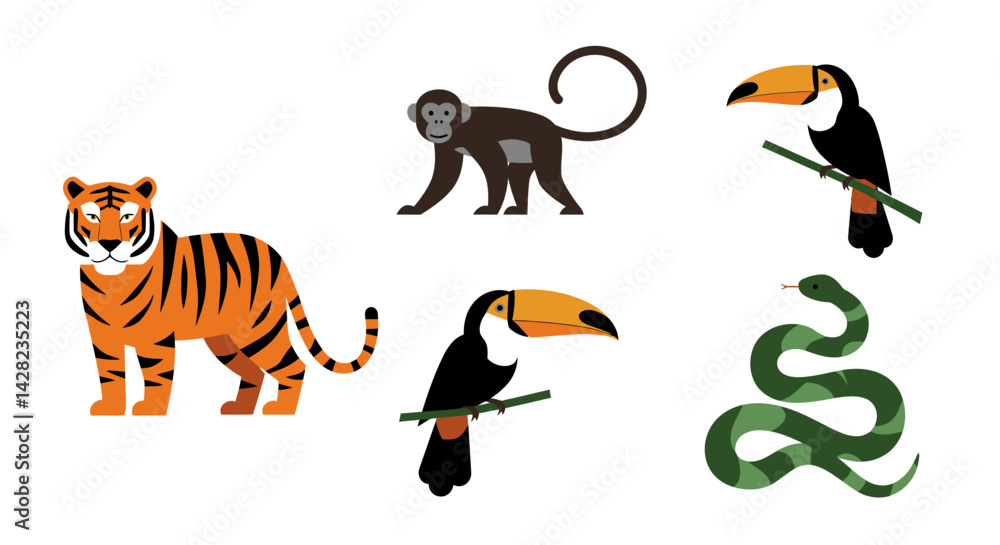 Vector illustration of different wild animals tiger monkey toucan and snake Vector illustration of different wild animals tiger monkey toucan and snake