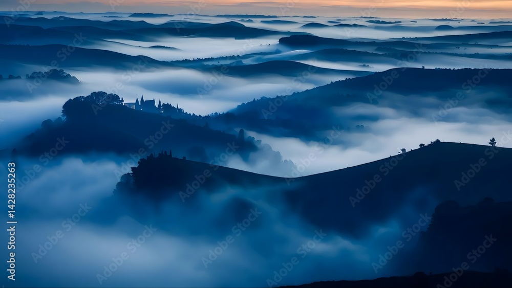 Fototapeta premium The sky is covered in a thick layer of fog, creating a serene and peaceful atmosphere. The misty landscape is dotted with trees and hills, giving the impression of a tranquil and isolated setting