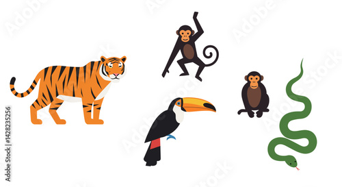 Playful Jungle Wildlife Illustration: Tiger, Monkeys, Toucan, and Serpentine Friend