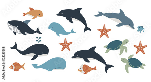 Playful sea creatures pattern featuring whales, dolphins, turtles and starfish