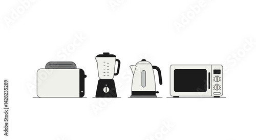 Minimalist kitchen appliances line up featuring toaster blender kettle and microwave