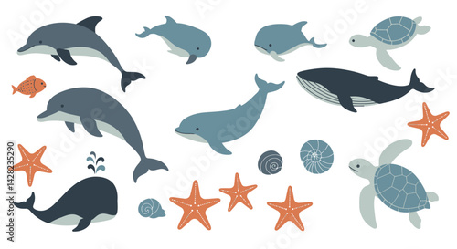 Whimsical Aquatic Life Pattern with Dolphins, Whales, Turtles and Starfish