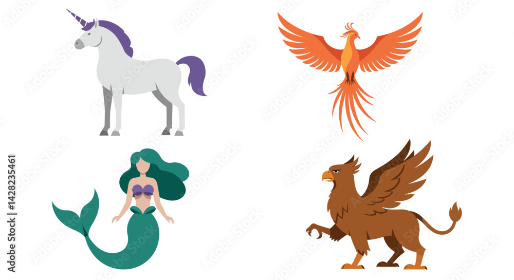 Mythical Creatures Cartoon Collection: Unicorn, Phoenix, Mermaid and Griffin flat design Mythical Creatures Cartoon Collection: Unicorn, Phoenix, Mermaid and Griffin flat design