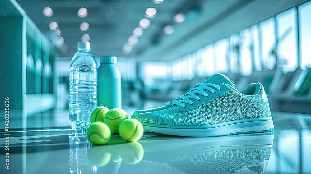 A tennis racket and balls are placed on a table alongside sneakers, nail polish, and water bottles in a bright space