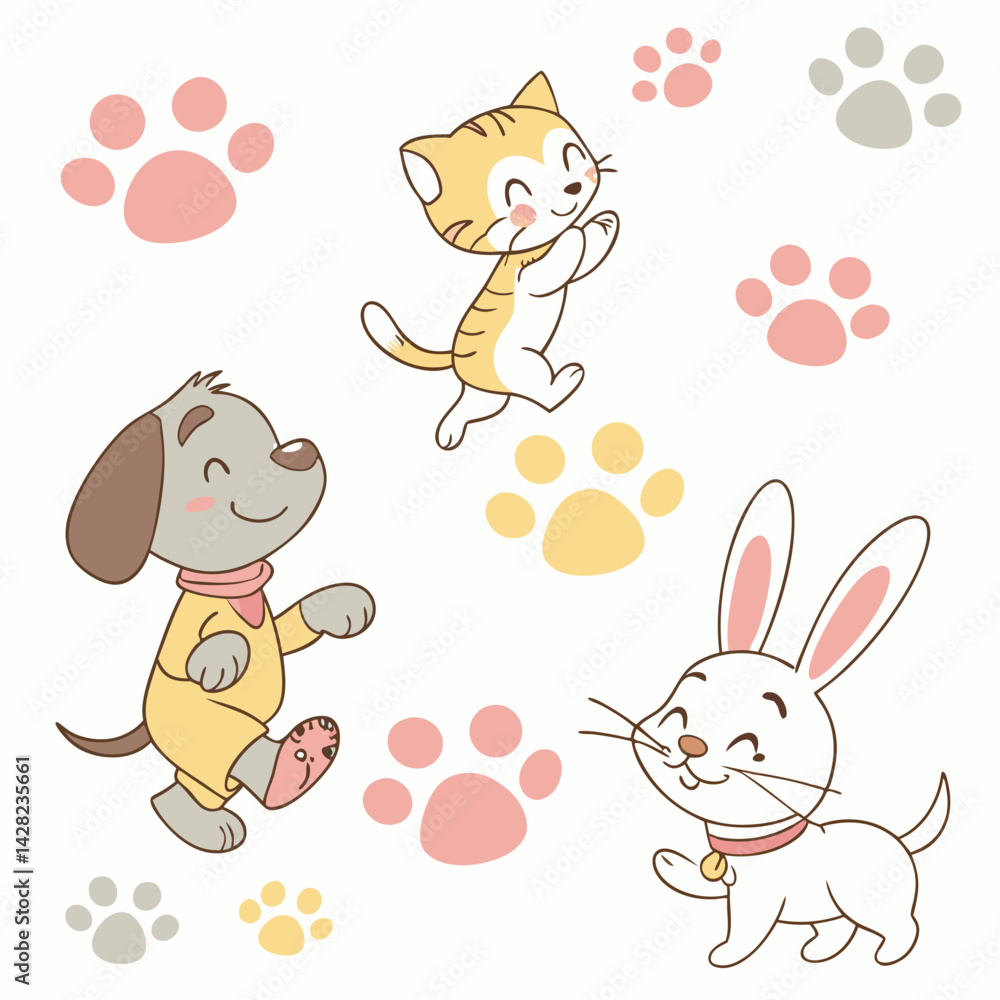Obraz premium Whimsical Animal Friends: A charming illustration of a playful puppy, a lively kitten, and a cheerful rabbit frolicking together amidst a scattering of paw prints, evoking a sense of joy.