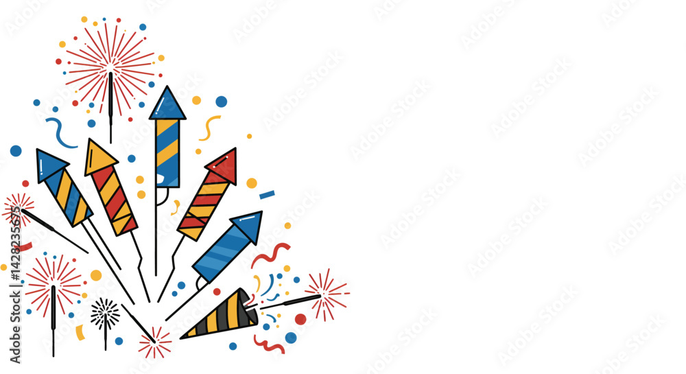 Fototapeta premium Festive firework display with colorful rockets against a blank backdrop