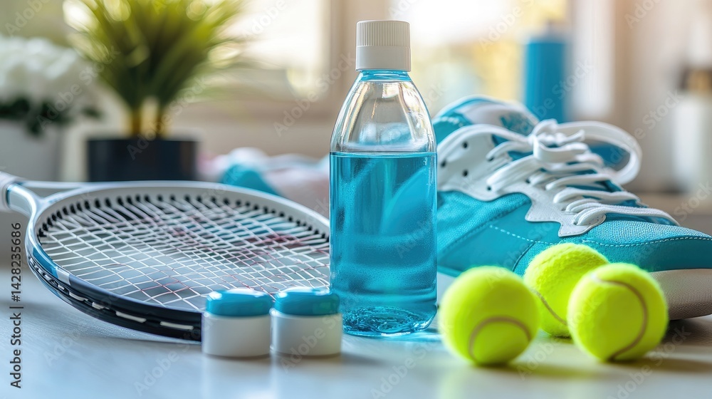 Tennis racket and balls are laid out alongside sneakers and a water bottle on a table, showcasing a colorful and sporty arrangement