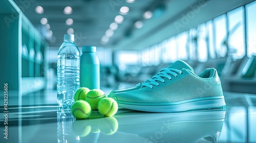 Obraz na płótnie A tennis racket and balls are placed on a table alongside sneakers, nail polish, and water bottles in a bright space w salonie
