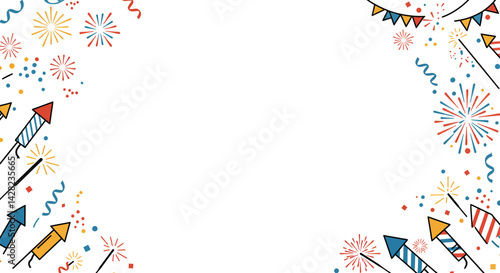 Festive Celebration Background with Fireworks, Confetti and Garland Design Elements