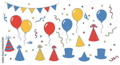 Festive celebration background with balloons, party hats, and confetti design