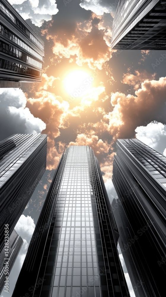 Dramatic perspective of towering skyscraper offices under a colorful sky with clouds and sunlight illuminating the scene