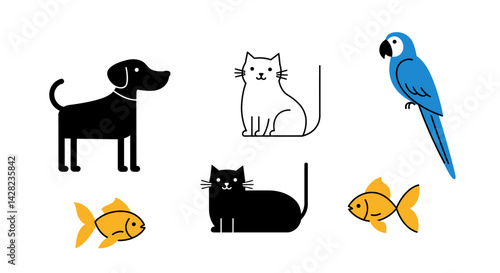 Minimalist pet icon set featuring stylized animals, conveying simplicity and charm