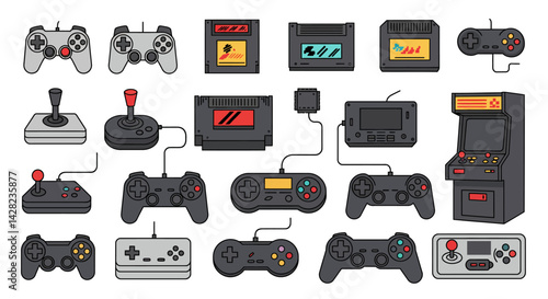 Nostalgic array of retro gaming consoles, controllers and arcade machine illustration