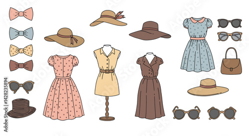 Vintage fashion ensemble with dresses, hats, bowties and accessories assortment