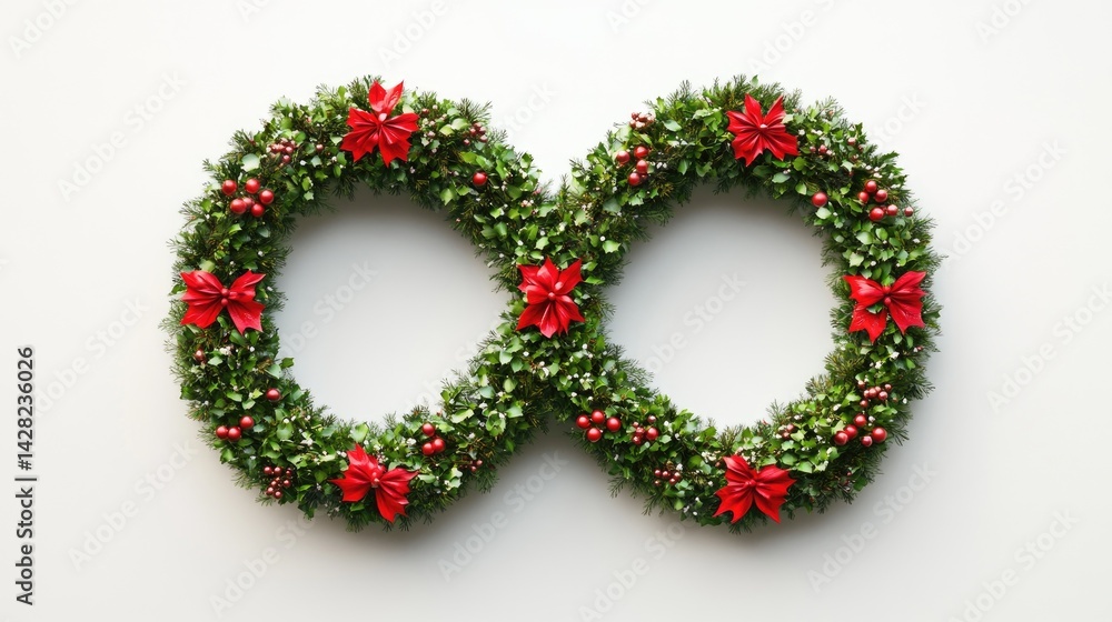 A festive Christmas wreath intricately designed in the shape of an infinity symbol, adorned with red flowers and berries, set on a white background