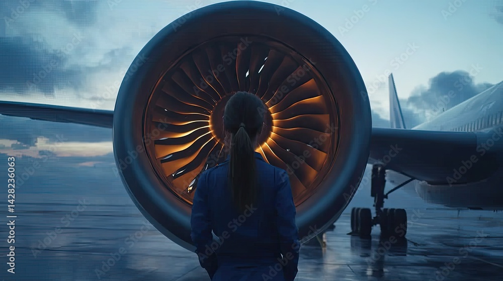 A worker in blue overalls examines the engine of an Airbus A320 under a bright sky, highlighting the aircraft\'s detail and engineering