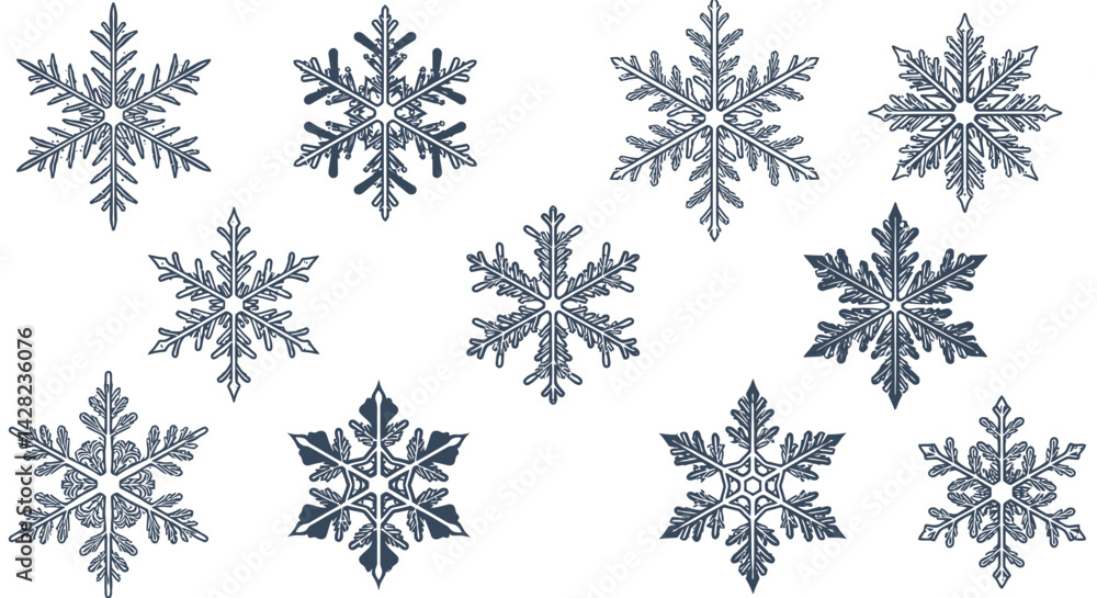 Stylized winter christmas background with textured snowflakes in varied shapes Stylized winter christmas background with textured snowflakes in varied shapes