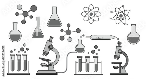 Monochromatic science laboratory illustration displaying experiments and apparatus