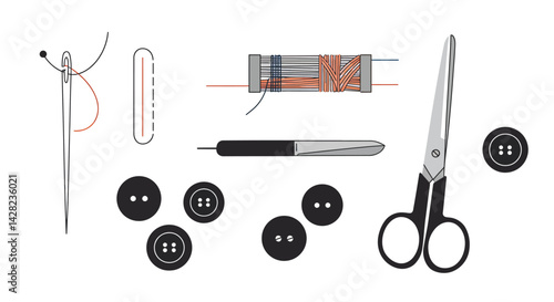 Basic sewing kit elements illustration representing crafting and repair tools