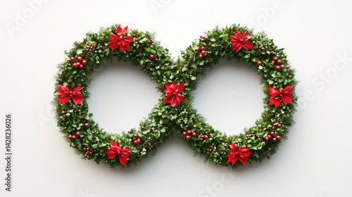 A festive Christmas wreath intricately designed in the shape of an infinity symbol, adorned with red flowers and berries, set on a white background