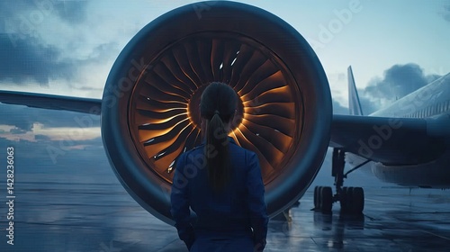 Obraz na płótnie A worker in blue overalls examines the engine of an Airbus A320 under a bright sky, highlighting the aircraft\'s detail and engineering w salonie