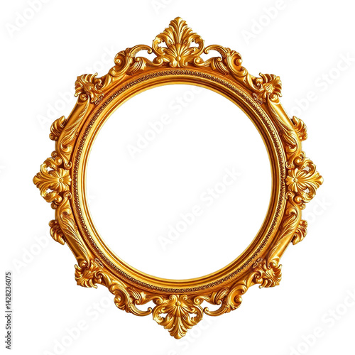 Ornate vintage oval gold frame with floral carving, Baroque style, isolated on transparent white background PNG picture frame baroque style