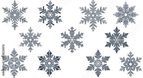 Stylized winter christmas background with textured snowflakes in varied shapes