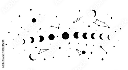 A captivating monochrome celestial pattern displaying lunar cycle and constellations