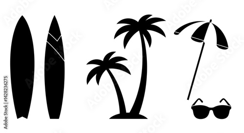 Silhouette summer holiday icons composition on a white backdrop for beach vibes