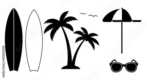 Minimalist beach getaway silhouette with surfboards and palm trees icon