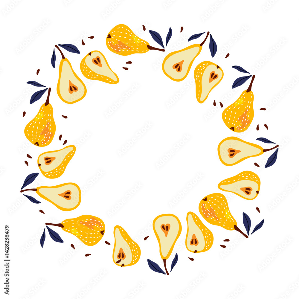 Fototapeta premium Pear round frame. Round seasonal fruit border and Pear and Leaves isolated frame with copy space. Summer tropical background with pears. For poster, banner, cover, invitation For text, date, photo.