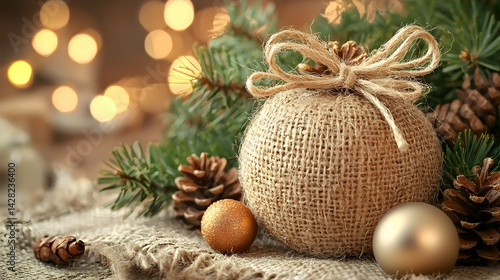 Rustic Christmas Ornament with Pinecones and Greenery Background