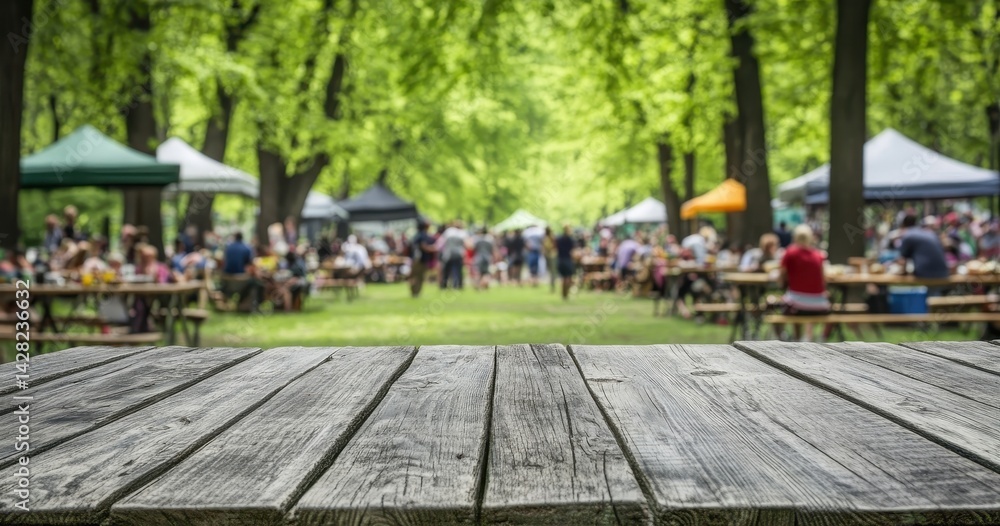 Fototapeta premium Outdoor market, wooden table, blurred background